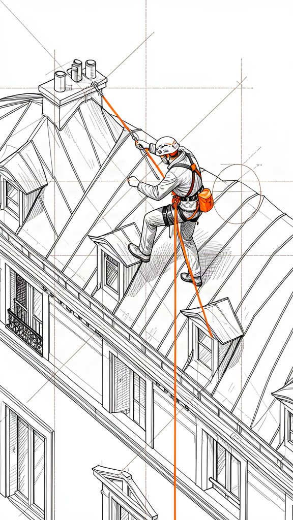Illustration technique d'un cordiste Rope Access Solution en rappel sur une toiture zinc parisienne, ancré à une cheminée