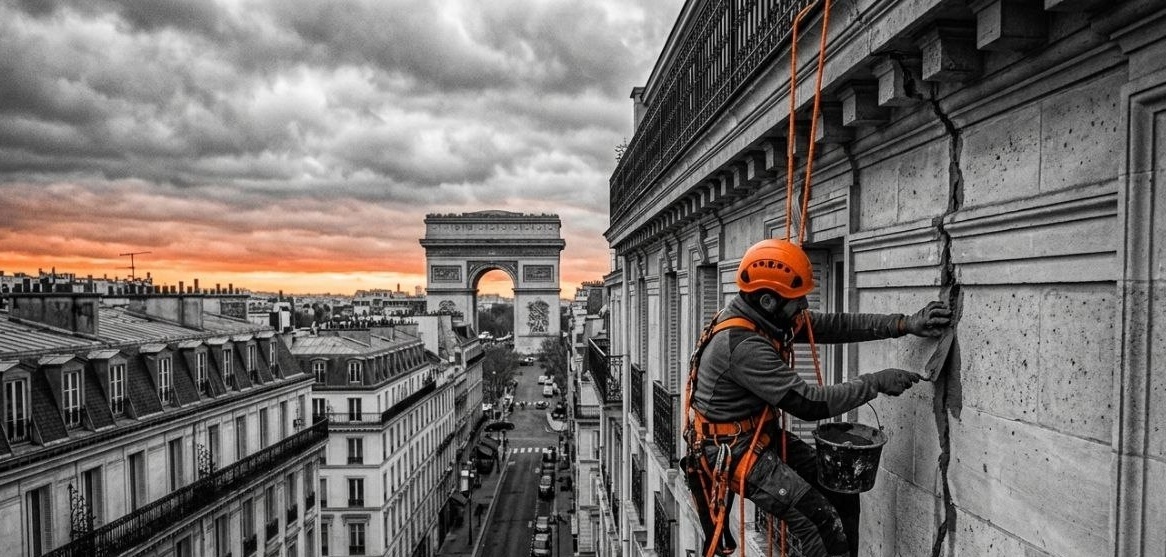 Cordiste Rope Access Solution en intervention sur façade avec vue sur l'Arc de Triomphe