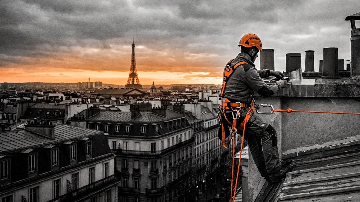 Croquis technique d'un cordiste Rope Access Solution intervenant sur une toiture parisienne
