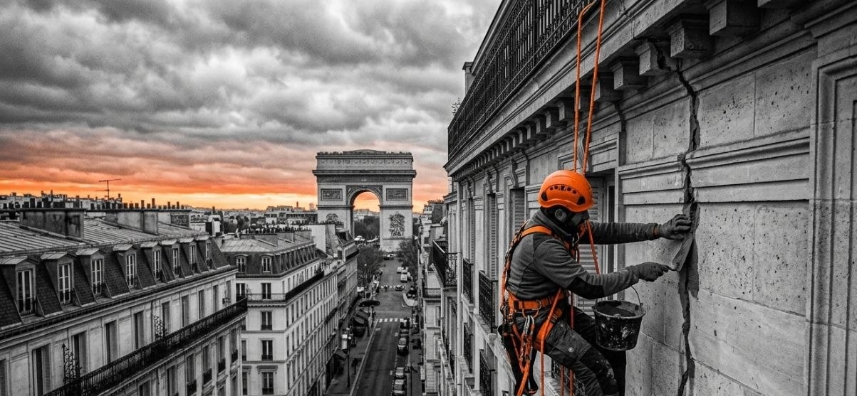 Cordiste réparant une fissure sur façade en pierre de taille